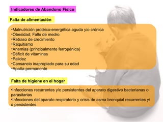 Indicadores de Abandono Físico Malnutrición protéico-energética aguda y/o crónica Obesidad; Fallo de medro Retraso de crecimiento Raquitismo Anemias (principalmente ferropénica) Déficit de vitaminas Palidez Cansancio inapropiado para su edad Apatía permanente Falta de alimentación   Falta de higiene en el hogar Infecciones recurrentes y/o persistentes del aparato digestivo bacterianas o parasitarias Infecciones del aparato respiratorio y crisis de asma bronquial recurrentes y/o persistentes 