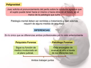 Juez solicita el pronunciamiento del perito sobre la conducta agresiva que el sujeto puede tener hacia sí mismo o hacia otros en el futuro, en el marco de la patología que sufre. Patología mental deben ser remitidas a tratamiento o bien además requerir de alguna medida de seguridad  En lo único que se diferencias ambos profesionales por lo visto anteriormente   Sigue su función de medico involucrado en el plano judicial,  Esta encargado de evaluar al niño a través de los diferentes test.  Ambos trabajan juntos DIFERENCIAS Peligrosidad Psiquiatra Forense Psicólogo Forense 
