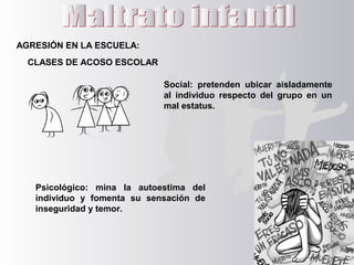 Social: pretenden ubicar aisladamente
al individuo respecto del grupo en un
mal estatus.
AGRESIÓN EN LA ESCUELA:
CLASES DE ACOSO ESCOLAR
Psicológico: mina la autoestima del
individuo y fomenta su sensación de
inseguridad y temor.
 
