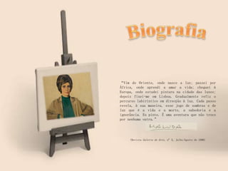 “Vim do Oriente, onde nasce a luz; passei por
África, onde aprendi a amar a vida; cheguei à
Europa, onde estudei pintura na cidade das luzes;
depois fixei-me em Lisboa. Gradualmente refiz o
percurso labiríntico em direcção à luz. Cada passo
revela, à sua maneira, esse jogo de sombras e de
luz que é a vida e a morte, a sabedoria e a
ignorância. Eu pinto. É uma aventura que não troco
por nenhuma outra.”
(Revista Galeria de Arte, nº 5, Julho/Agosto de 1996)
 