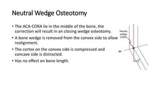 Neutral Wedge Osteotomy
• The ACA-CORA lie in the middle of the bone, the
correction will result in an closing wedge osteotomy.
• A bone wedge is removed from the convex side to allow
realignment.
• The cortex on the convex side is compressed and
concave side is distracted.
• Has no effect on bone length.
 