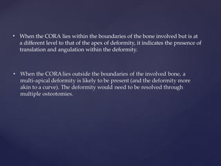 • When the CORA lies within the boundaries of the bone involved but is at
a different level to that of the apex of deformity, it indicates the presence of
translation and angulation within the deformity.
 