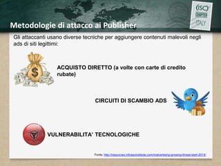 Metodologie di attacco ai Publisher 
Gli attaccanti usano diverse tecniche per aggiungere contenuti malevoli negli 
ads di siti legittimi: 
ACQUISTO DIRETTO (a volte con carte di credito 
rubate) 
CIRCUITI DI SCAMBIO ADS 
VULNERABILITA’ TECNOLOGICHE 
Fonte: http://resources.infosecinstitute.com/malvertising-growing-threat-start-2014/ 
 