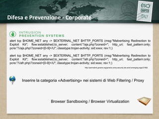 Difesa e Prevenzione - Corporate 
alert tcp $HOME_NET any -> $EXTERNAL_NET $HTTP_PORTS (msg:"Malvertising Redirection to 
Exploit Kit"; flow:established,to_server; content:"/ajs.php?zoneid="; http_uri; fast_pattern:only; 
pcre:"//ajs.php?zoneid=[0-9]+/U"; classtype:trojan-activity; sid:xxxx; rev:1;) 
alert tcp $HOME_NET any -> $EXTERNAL_NET $HTTP_PORTS (msg:"Malvertising Redirection to 
Exploit Kit"; flow:established,to_server; content:"/afr.php?zoneid="; http_uri; fast_pattern:only; 
pcre:"//afr.php?zoneid=[0-9]+/U"; classtype:trojan-activity; sid:xxxx; rev:1;) 
http://permalink.gmane.org/gmane.comp.security.ids.snort.emerging-sigs/21992 
Inserire la categoria «Advertising» nei sistemi di Web Filtering / Proxy 
Browser Sandboxing / Browser Virtualization 
 