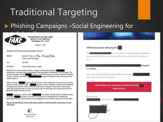 Traditional Targeting
 Phishing Campaigns –Social Engineering for
*clicks* 
 