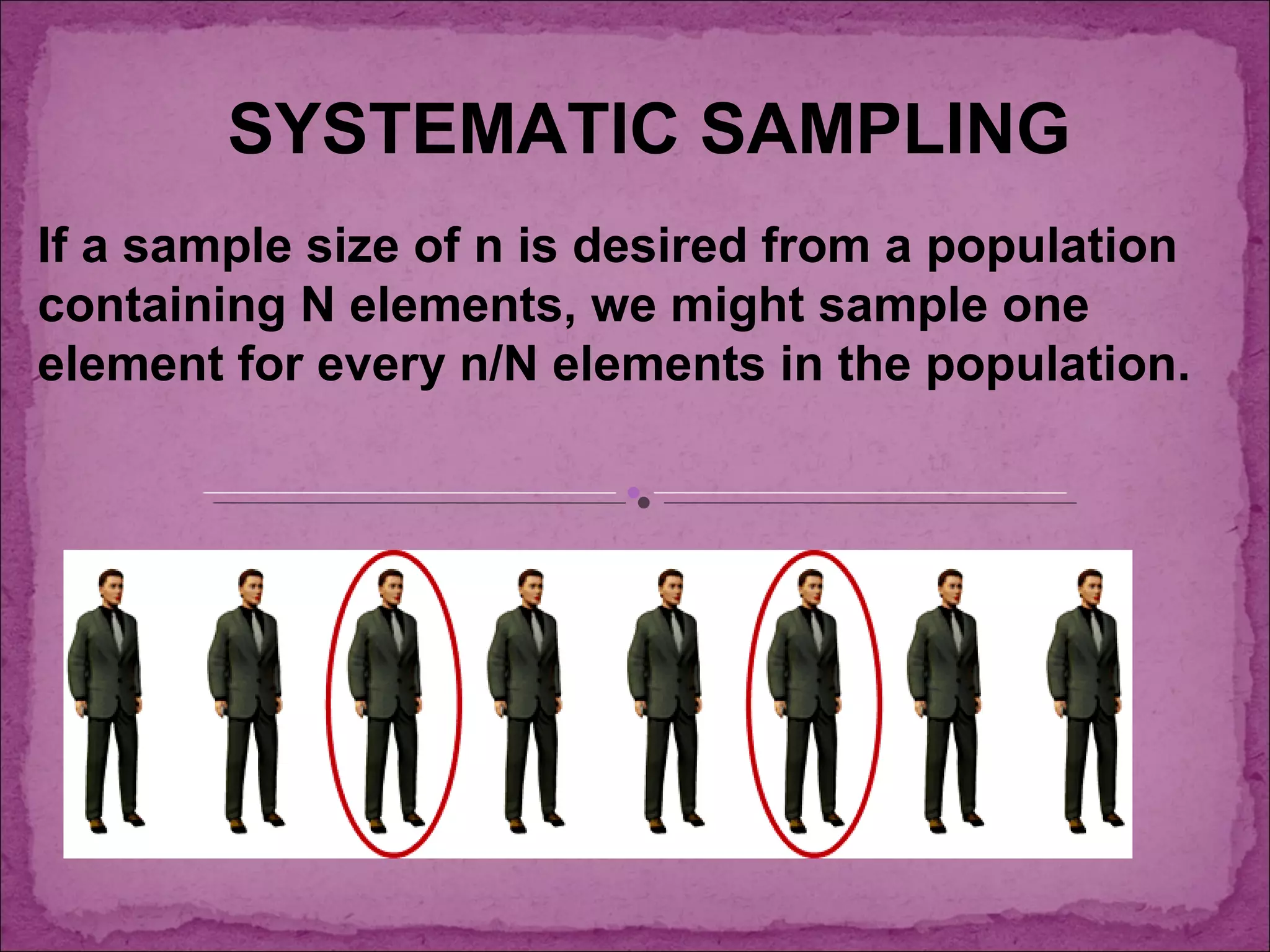 SYSTEMATIC SAMPLING
If a sample size of n is desired from a population
containing N elements, we might sample one
element for every n/N elements in the population.
 