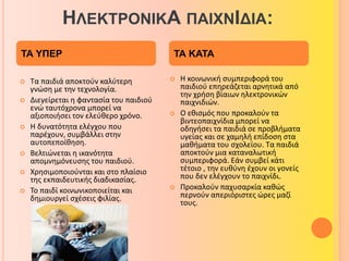 ΗΛΕΚΤΡΟΝΙΚΑ ΠΑΙΧΝΙΔΙΑ: 
ΤΑ ΥΠΕΡ ΤΑ ΚΑΤΑ 
 Τα παιδιά αποκτούν καλύτερη 
γνώση με την τεχνολογία. 
 Διεγείρεται η φαντασία του παιδιού 
ενώ ταυτόχρονα μπορεί να 
αξιοποιήσει τον ελεύθερο χρόνο. 
 Η δυνατότητα ελέγχου που 
παρέχουν, συμβάλλει στην 
αυτοπεποίθηση. 
 Βελτιώνεται η ικανότητα 
απομνημόνευσης του παιδιού. 
 Χρησιμοποιούνται και στο πλαίσιο 
της εκπαιδευτικής διαδικασίας. 
 Το παιδί κοινωνικοποιείται και 
δημιουργεί σχέσεις φιλίας. 
 Η κοινωνική συμπεριφορά του 
παιδιού επηρεάζεται αρνητικά από 
την χρήση βίαιων ηλεκτρονικών 
παιχνιδιών. 
 Ο εθισμός που προκαλούν τα 
βιντεοπαιχνίδια μπορεί να 
οδηγήσει τα παιδιά σε προβλήματα 
υγείας και σε χαμηλή επίδοση στα 
μαθήματα του σχολείου. Τα παιδιά 
αποκτούν μια καταναλωτική 
συμπεριφορά. Εάν συμβεί κάτι 
τέτοιο , την ευθύνη έχουν οι γονείς 
που δεν ελέγχουν το παιχνίδι. 
 Προκαλούν παχυσαρκία καθώς 
περνούν απεριόριστες ώρες μαζί 
τους. 
 
