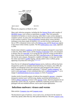 Malware by categories on March 16, 2011.

Many early infectious programs, including the first Internet Worm and a number of
MS-DOS viruses, were written as experiments or pranks. They were generally
intended to be harmless or merely annoying, rather than to cause serious damage to
computer systems. In some cases, the perpetrator did not realize how much harm his
or her creations would do. Young programmers learning about viruses and their
techniques wrote them simply for practice, or to see how far they could spread. As
late as 1999, widespread viruses such as the Melissa virus and the David virus appear
to have been written chiefly as pranks. The first mobile phone virus, Cabir, appeared
in 2004.

Hostile intent related to vandalism can be found in programs designed to cause harm
or data loss. Many DOS viruses, and the Windows ExploreZip worm, were designed
to destroy files on a hard disk, or to corrupt the file system by writing invalid data to
them. Network-borne worms such as the 2001 Code Red worm or the Ramen worm
fall into the same category. Designed to vandalize web pages, worms may seem like
the online equivalent to graffiti tagging, with the author's alias or affinity group
appearing everywhere the worm goes.[citation needed]

Since the rise of widespread broadband Internet access, malicious software has been
designed for a profit, for examples forced advertising. For instance, since 2003, the
majority of widespread viruses and worms have been designed to take control of
users' computers for black-market exploitation.[10] Infected "zombie computers" are
used to send email spam, to host contraband data such as child pornography [11], or to
engage in distributed denial-of-service attacks as a form of extortion.[12]

Another strictly for-profit category of malware has emerged in spyware -- programs
designed to monitor users' web browsing, display unsolicited advertisements, or
redirect affiliate marketing revenues to the spyware creator. Spyware programs do not
spread like viruses; they are, in general, installed by exploiting security holes or are
packaged with user-installed software, such as peer-to-peer applications.

Infectious malware: viruses and worms
Main articles: Computer virus and Computer worm

The best-known types of malware, viruses and worms, are known for the manner in
which they spread, rather than any other particular behavior. The term computer virus
 