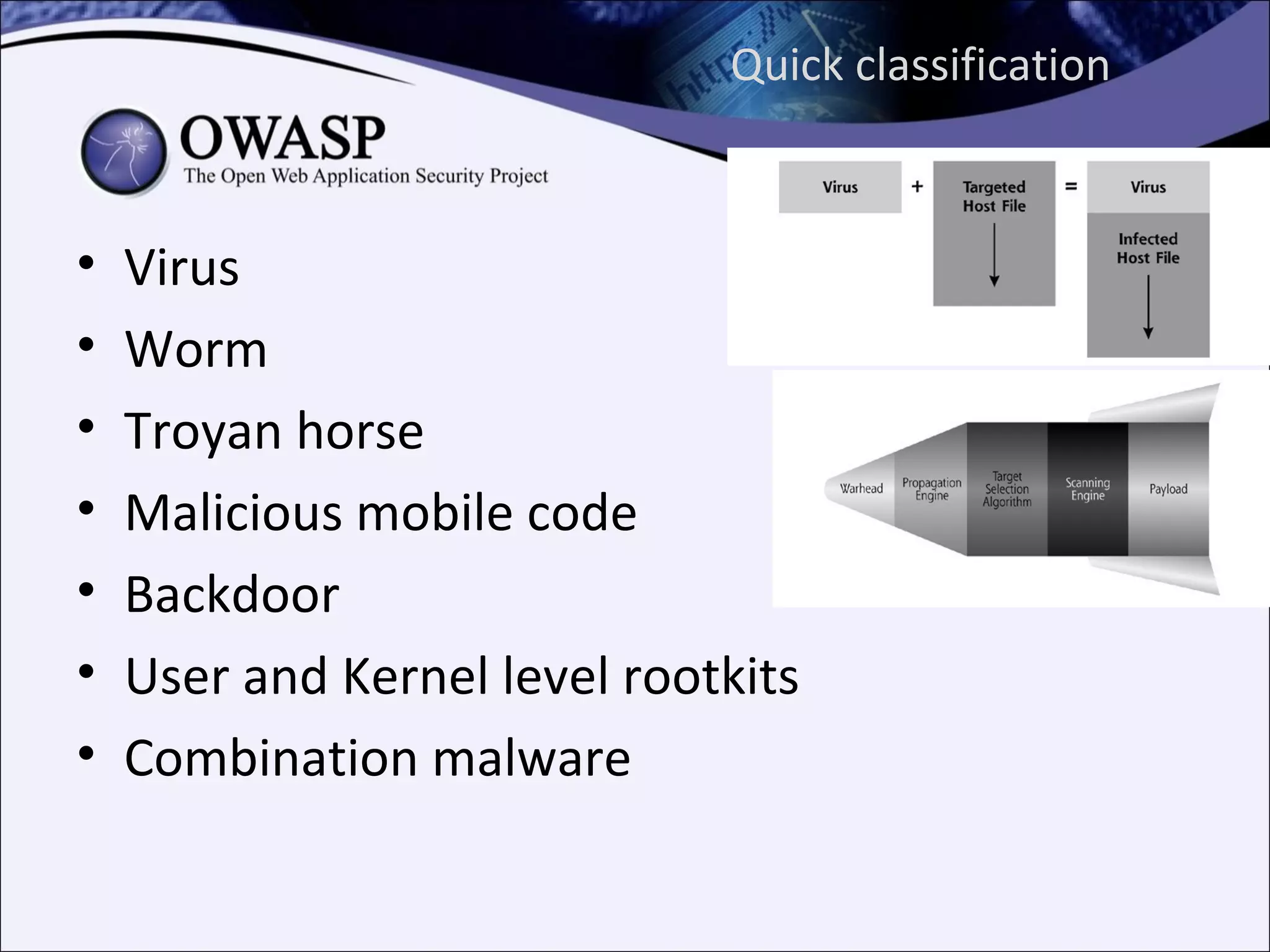 Quick classification



•   Virus
•   Worm
•   Troyan horse
•   Malicious mobile code
•   Backdoor
•   User and Kernel level rootkits
•   Combination malware
 