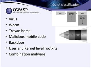 Quick classification



•   Virus
•   Worm
•   Troyan horse
•   Malicious mobile code
•   Backdoor
•   User and Kernel level rootkits
•   Combination malware
 