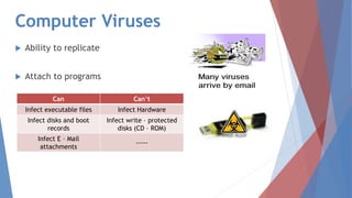 Computer Viruses
 Ability to replicate
 Attach to programs
Can Can’t
Infect executable files Infect Hardware
Infect disks and boot
records
Infect write – protected
disks (CD – ROM)
Infect E – Mail
attachments
-----
 