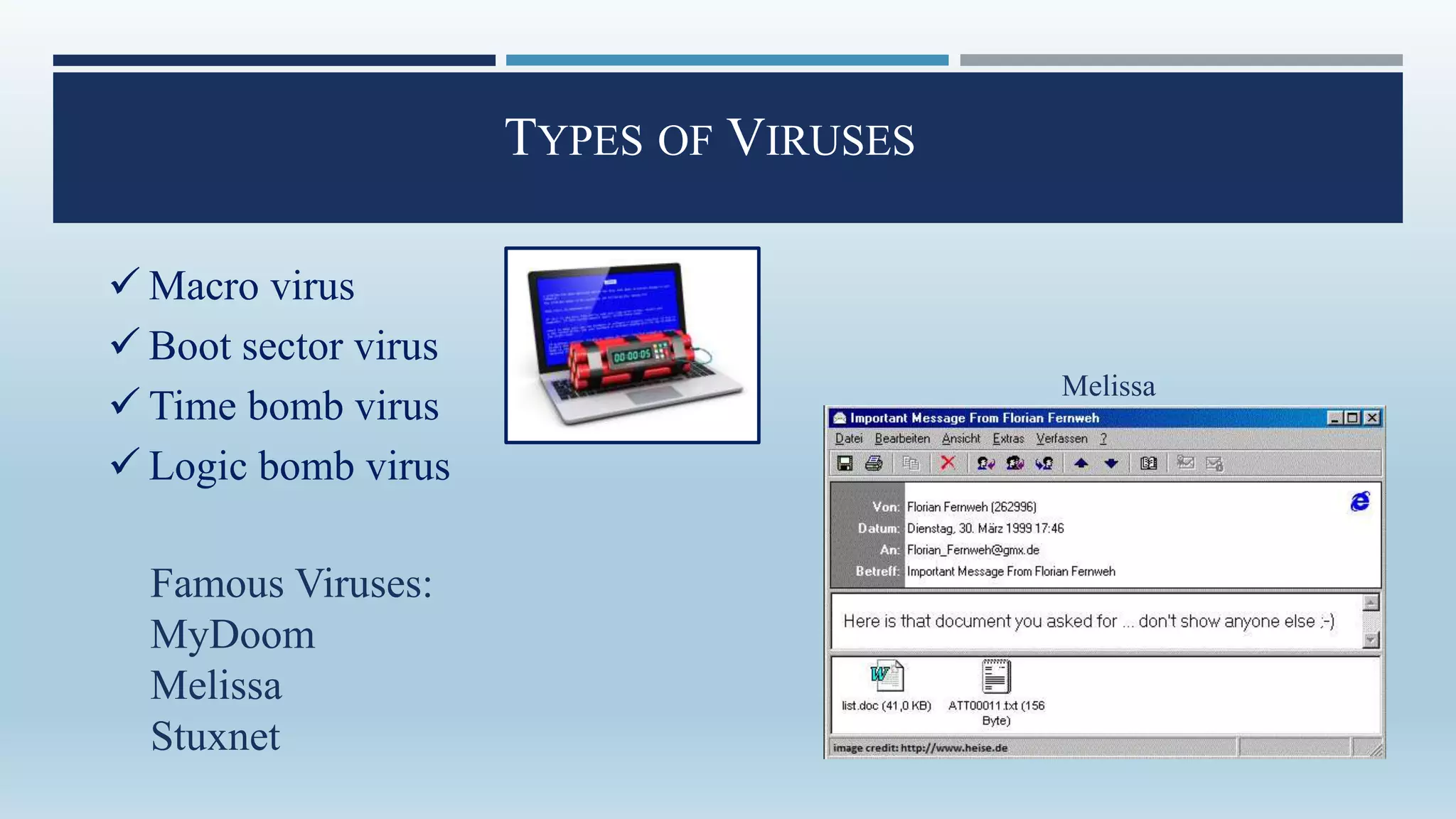 TYPES OF VIRUSES
 Macro virus
 Boot sector virus
 Time bomb virus
 Logic bomb virus
Famous Viruses:
MyDoom
Melissa
Stuxnet
Melissa
 
