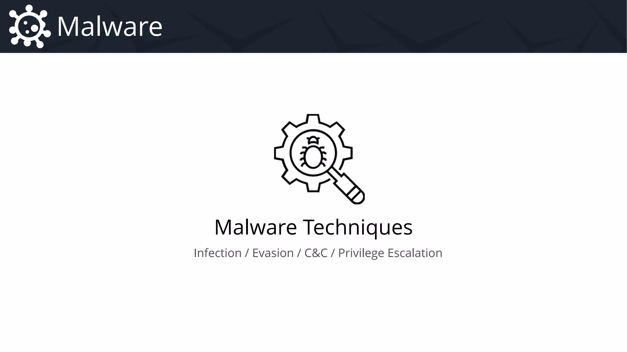 Malware Techniques
Malware Introduction to Malware – Focus on Remote Administration Tool Family
Infection / Evasion / C&C / Privilege Escalation
Malware
 