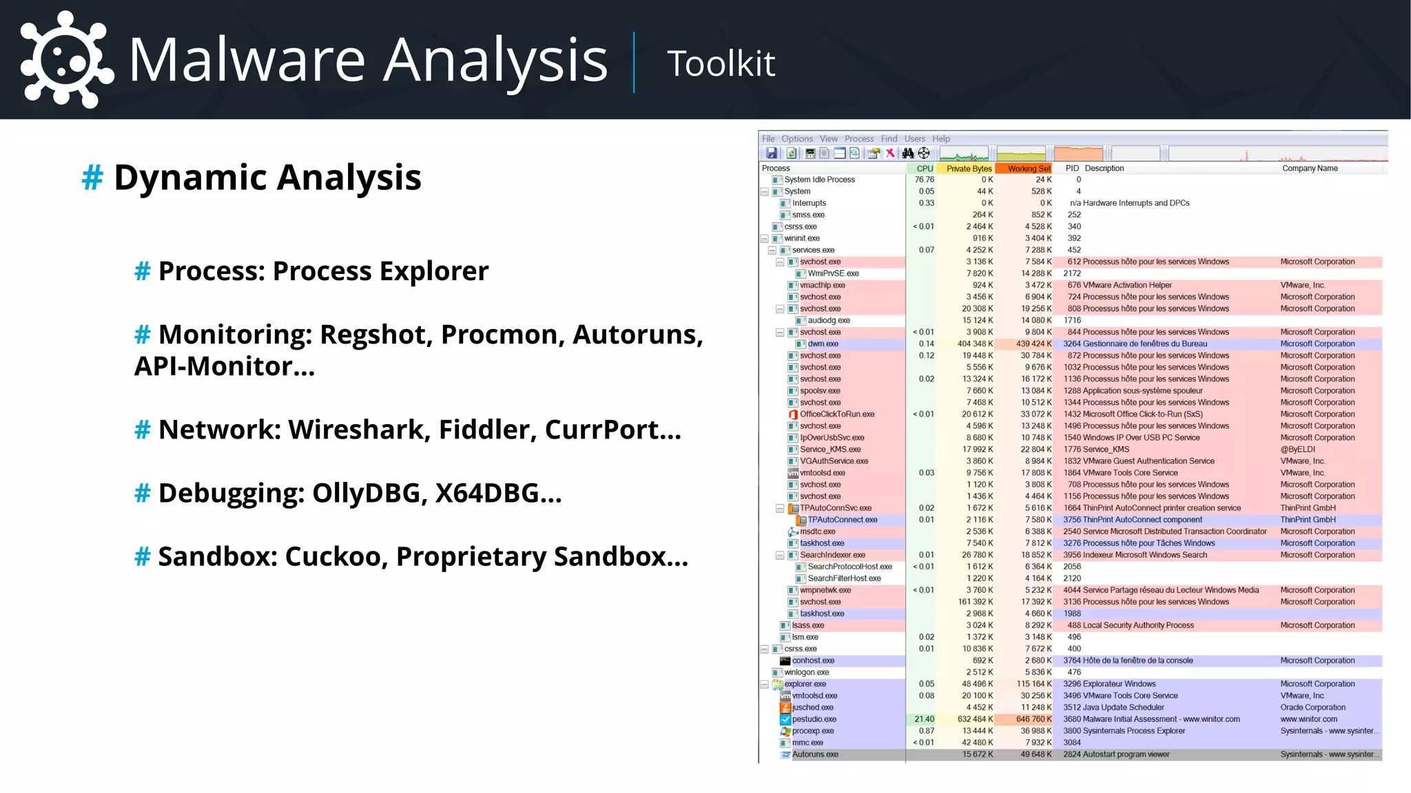 Malware Introduction to Malware – Focus on Remote Administration Tool Family
Malware Analysis Toolkit
# Dynamic Analysis
# Process: Process Explorer
# Monitoring: Regshot, Procmon, Autoruns,
API-Monitor…
# Network: Wireshark, Fiddler, CurrPort…
# Debugging: OllyDBG, X64DBG…
# Sandbox: Cuckoo, Proprietary Sandbox…
 