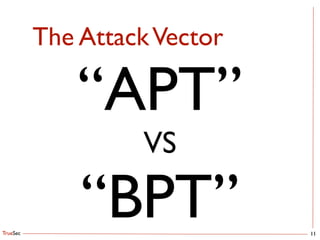 TrueSec 11
“APT”	

VS	

“BPT”
The AttackVector
 