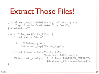 TrueSec
Extract Those Files!
37
global ext_map: table[string] of string = {
["application/x-dosexec"] = "exe",
} &default ="";
!
event file_new(f: fa_file) {
local ext = “data";
!
if ( f?$mime_type )
ext = ext_map[f$mime_type];
!
local fname = fmt("%s-%s.%s", 
f$source, f$id, ext);
Files::add_analyzer(f, Files::ANALYZER_EXTRACT, 
[$extract_filename=fname]);
}
 