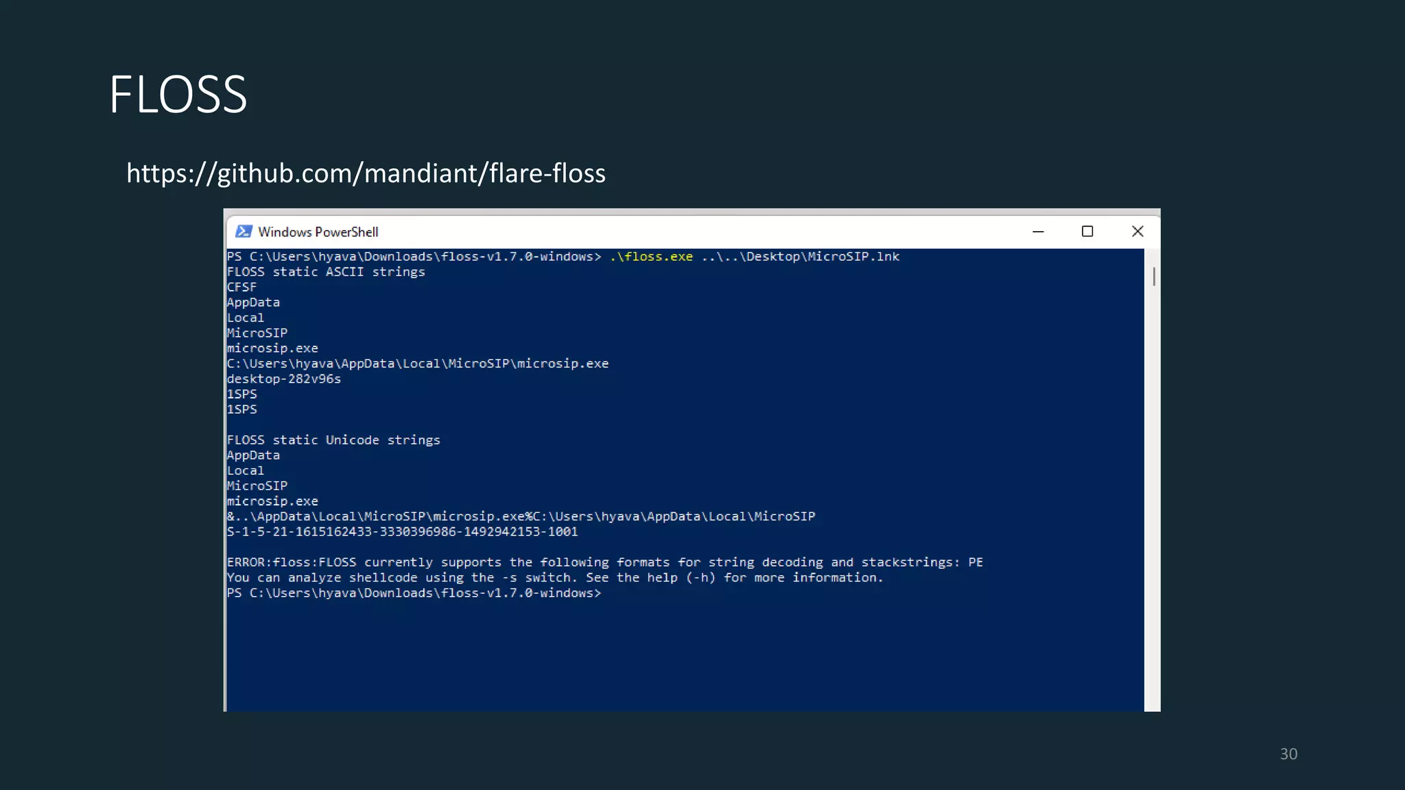 FLOSS
https://github.com/mandiant/flare-floss
30
 