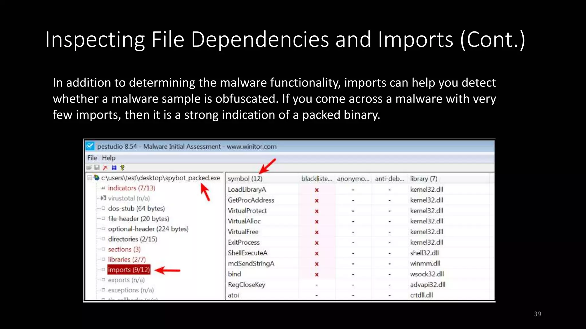 In addition to determining the malware functionality, imports can help you detect
whether a malware sample is obfuscated. If you come across a malware with very
few imports, then it is a strong indication of a packed binary.
Inspecting File Dependencies and Imports (Cont.)
39
 