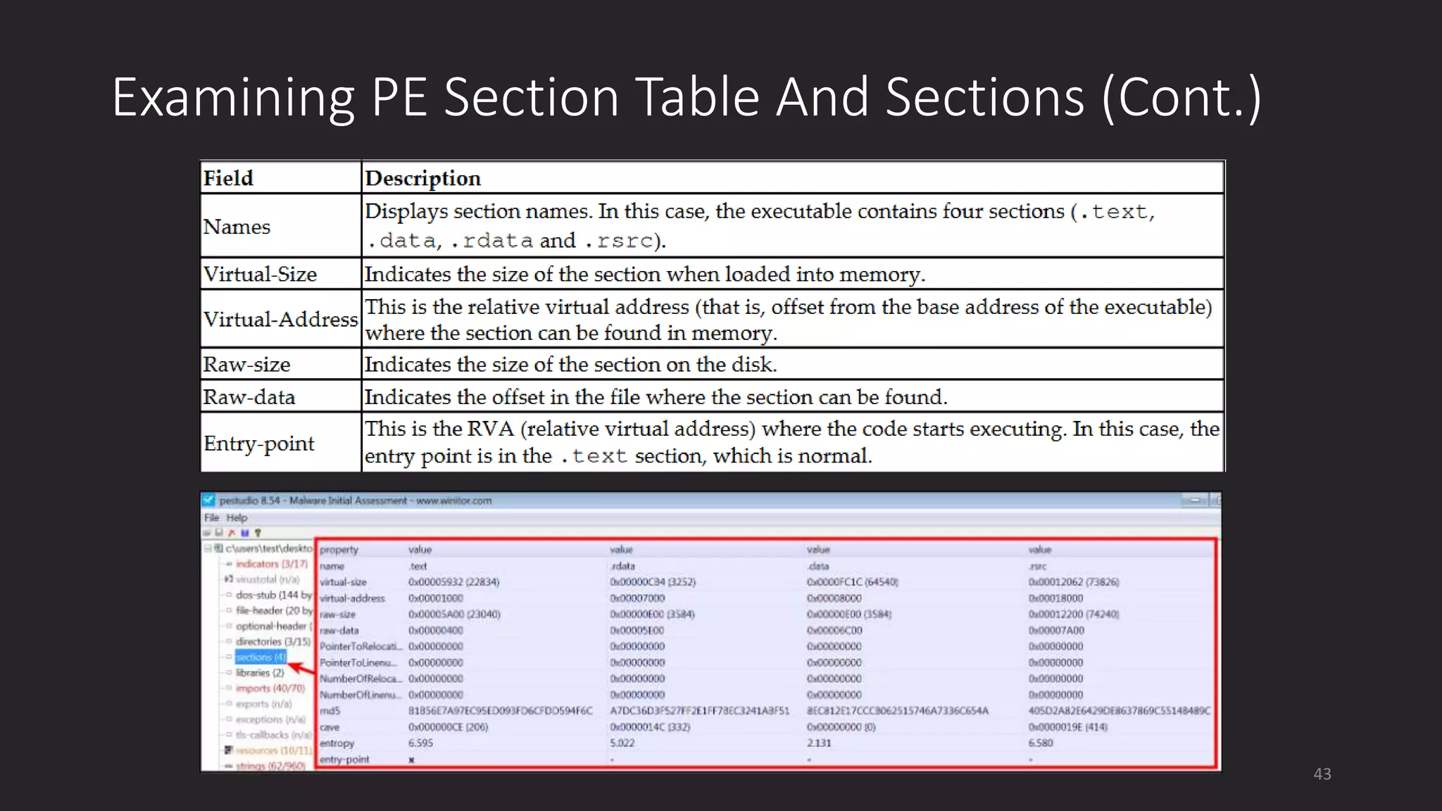 Examining PE Section Table And Sections (Cont.)
43
 