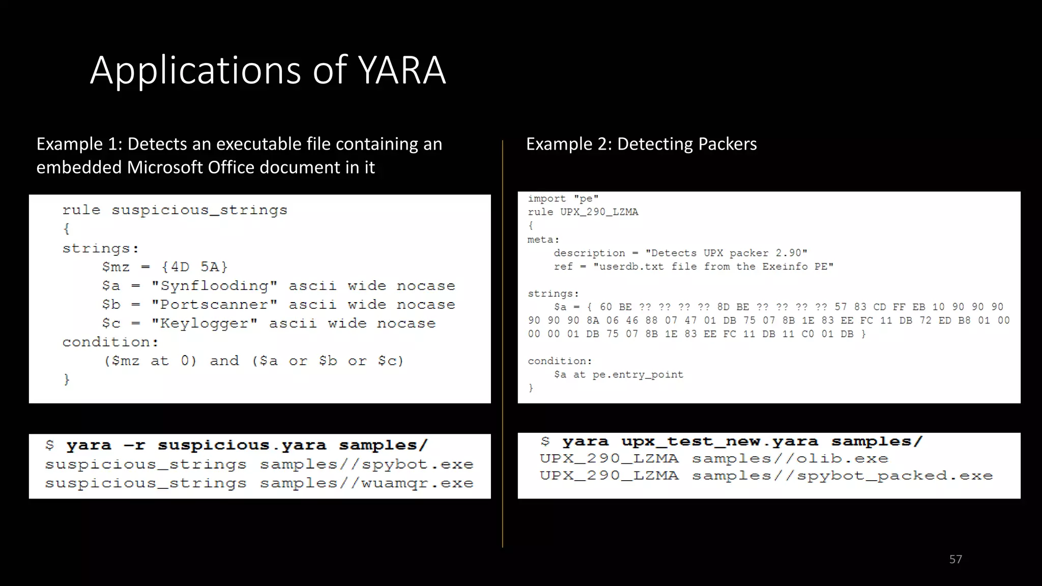 Applications of YARA
Example 1: Detects an executable file containing an
embedded Microsoft Office document in it
Example 2: Detecting Packers
57
 