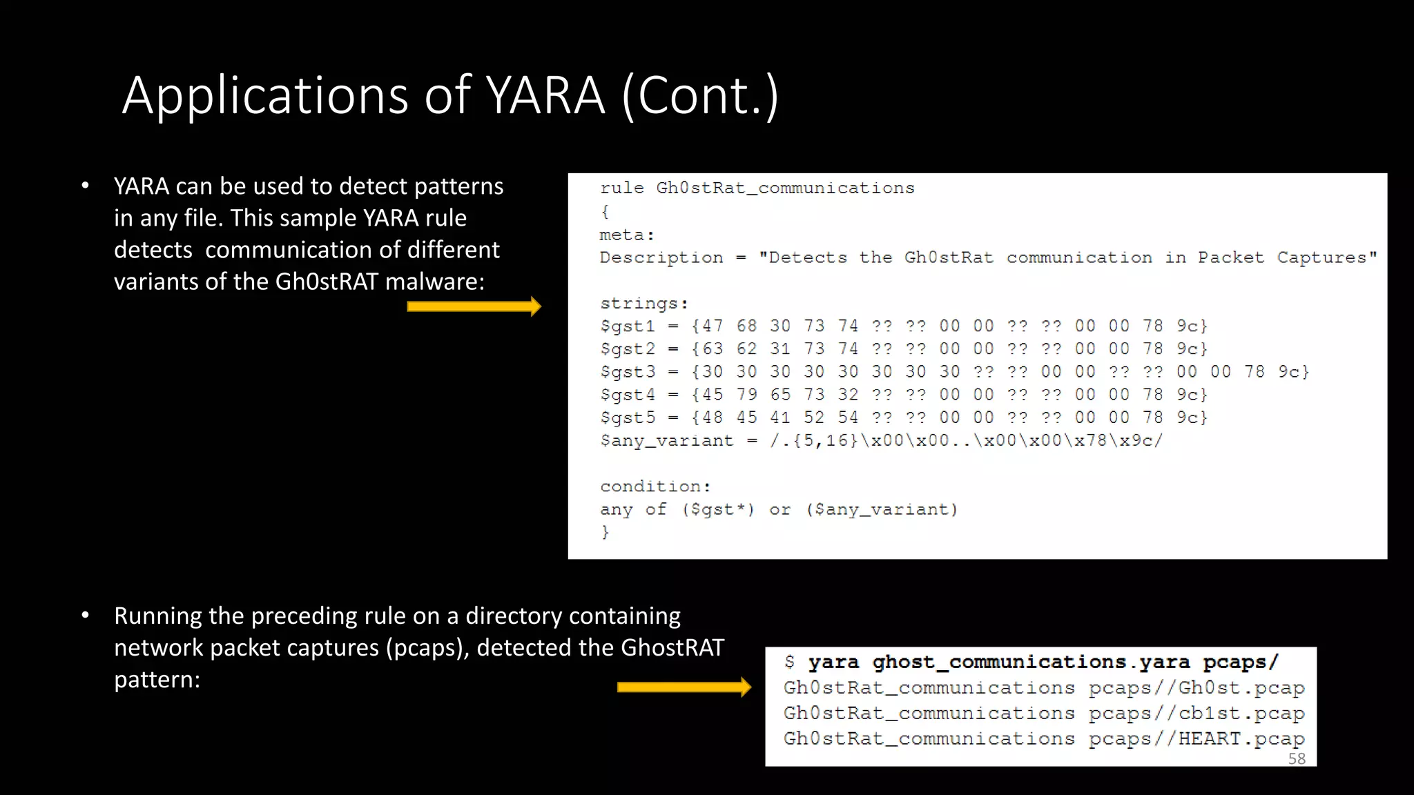 Applications of YARA (Cont.)
• YARA can be used to detect patterns
in any file. This sample YARA rule
detects communication of different
variants of the Gh0stRAT malware:
• Running the preceding rule on a directory containing
network packet captures (pcaps), detected the GhostRAT
pattern:
58
 