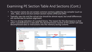 Examining PE Section Table And Sections (Cont.)
• The section names do not contain common sections added by the compiler (such as
.text, .data, and so on) but contain section names UPX0 and UPX1
• Typically, raw-size and the virtual-size should be almost equal, but small differences
are normal due to section alignment.
• This is a strong indication of a packed binary. The reason for this discrepancy is that
when a packed binary is executed, the decompression routine of the packer will copy
decompressed data or instructions into the memory during runtime.
44
 