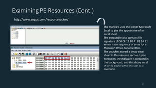 Examining PE Resources (Cont.)
http://www.angusj.com/resourcehacker/
The malware uses the icon of Microsoft
Excel to give the appearance of an
excel sheet.
The executable also contains file
signature of D0 CF 11 E0 A1 B1 1A E1
which is the sequence of bytes for a
Microsoft Office document file.
The attackers stored a decoy excel
sheet in the resource section. Upon
execution, the malware is executed in
the background, and this decoy excel
sheet is displayed to the user as a
diversion.
47
 