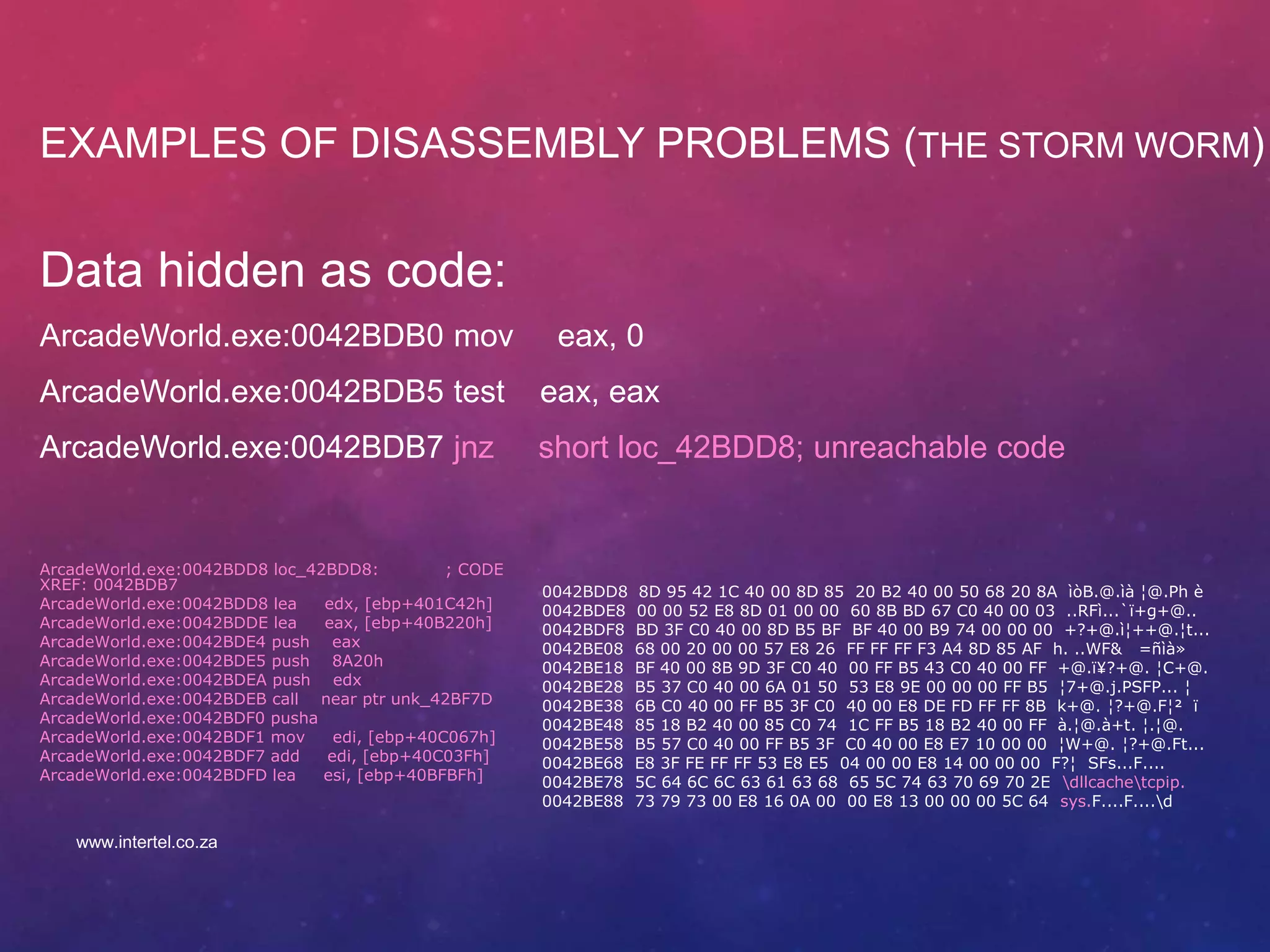 EXAMPLES OF DISASSEMBLY PROBLEMS (THE STORM WORM)
Data hidden as code:
ArcadeWorld.exe:0042BDB0 mov eax, 0
ArcadeWorld.exe:0042BDB5 test eax, eax
ArcadeWorld.exe:0042BDB7 jnz short loc_42BDD8; unreachable code
ArcadeWorld.exe:0042BDD8 loc_42BDD8: ; CODE
XREF: 0042BDB7
ArcadeWorld.exe:0042BDD8 lea edx, [ebp+401C42h]
ArcadeWorld.exe:0042BDDE lea eax, [ebp+40B220h]
ArcadeWorld.exe:0042BDE4 push eax
ArcadeWorld.exe:0042BDE5 push 8A20h
ArcadeWorld.exe:0042BDEA push edx
ArcadeWorld.exe:0042BDEB call near ptr unk_42BF7D
ArcadeWorld.exe:0042BDF0 pusha
ArcadeWorld.exe:0042BDF1 mov edi, [ebp+40C067h]
ArcadeWorld.exe:0042BDF7 add edi, [ebp+40C03Fh]
ArcadeWorld.exe:0042BDFD lea esi, [ebp+40BFBFh]
0042BDD8 8D 95 42 1C 40 00 8D 85 20 B2 40 00 50 68 20 8A ìòB.@.ìà ¦@.Ph è
0042BDE8 00 00 52 E8 8D 01 00 00 60 8B BD 67 C0 40 00 03 ..RFì...`ï+g+@..
0042BDF8 BD 3F C0 40 00 8D B5 BF BF 40 00 B9 74 00 00 00 +?+@.ì¦++@.¦t...
0042BE08 68 00 20 00 00 57 E8 26 FF FF FF F3 A4 8D 85 AF h. ..WF& =ñìà»
0042BE18 BF 40 00 8B 9D 3F C0 40 00 FF B5 43 C0 40 00 FF +@.ï¥?+@. ¦C+@.
0042BE28 B5 37 C0 40 00 6A 01 50 53 E8 9E 00 00 00 FF B5 ¦7+@.j.PSFP... ¦
0042BE38 6B C0 40 00 FF B5 3F C0 40 00 E8 DE FD FF FF 8B k+@. ¦?+@.F¦² ï
0042BE48 85 18 B2 40 00 85 C0 74 1C FF B5 18 B2 40 00 FF à.¦@.à+t. ¦.¦@.
0042BE58 B5 57 C0 40 00 FF B5 3F C0 40 00 E8 E7 10 00 00 ¦W+@. ¦?+@.Ft...
0042BE68 E8 3F FE FF FF 53 E8 E5 04 00 00 E8 14 00 00 00 F?¦ SFs...F....
0042BE78 5C 64 6C 6C 63 61 63 68 65 5C 74 63 70 69 70 2E dllcachetcpip.
0042BE88 73 79 73 00 E8 16 0A 00 00 E8 13 00 00 00 5C 64 sys.F....F....d
www.intertel.co.za
 