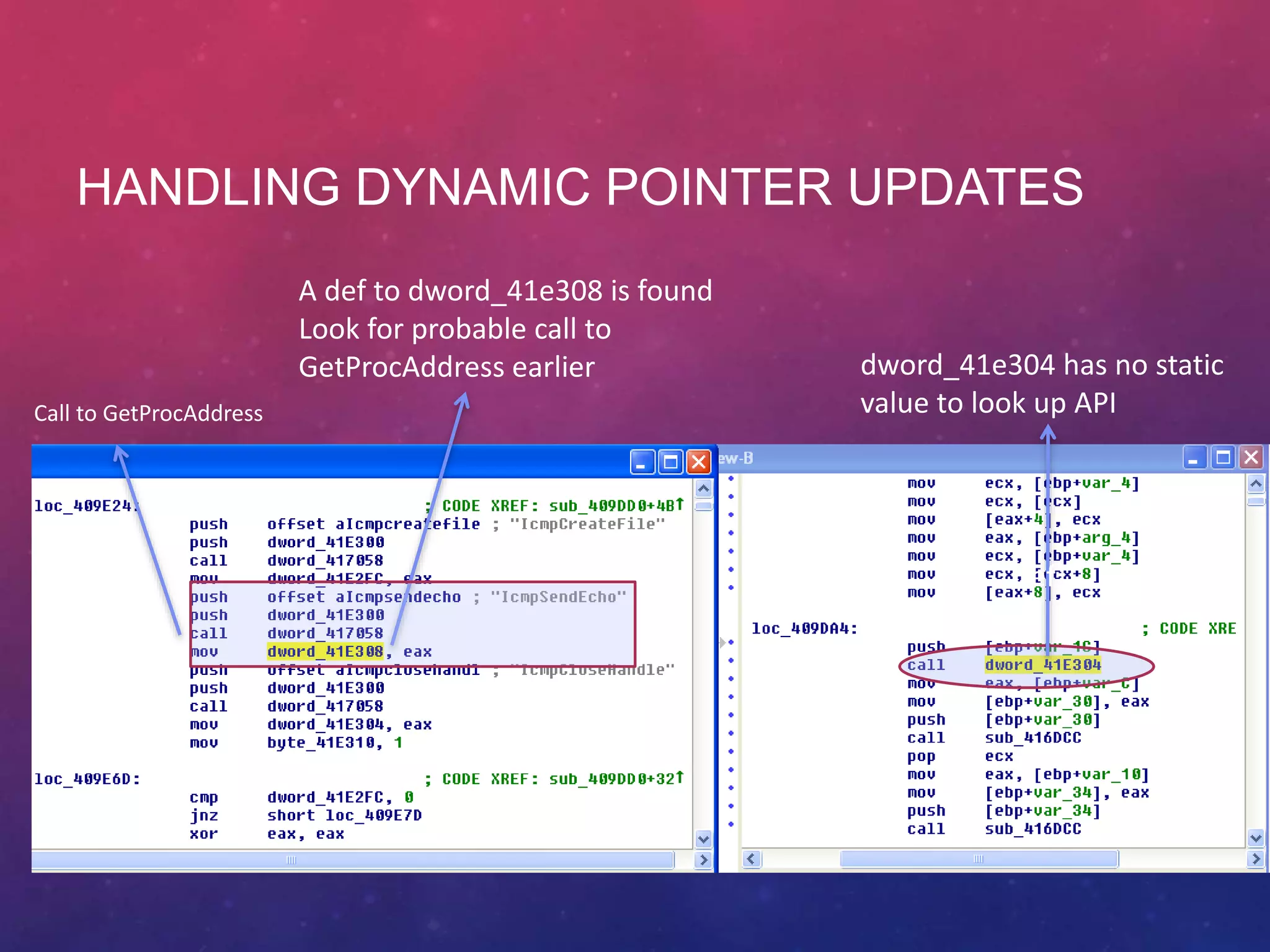 HANDLING DYNAMIC POINTER UPDATES
• Identify register based indirect calls
dword_41e304 has no static
value to look up API
use
def
A def to dword_41e308 is found
Look for probable call to
GetProcAddress earlier
Call to GetProcAddress
www.intertel.co.za
 