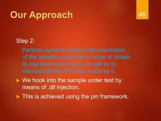 Our Approach
Step 2:
Perform dynamic binary instrumentation
of the sample under test in order to obtain
its low level information as well as to
intercept all the API calls made by it.
 We hook into the sample under test by
means of .dll injection.
 This is achieved using the pin framework.
46
 