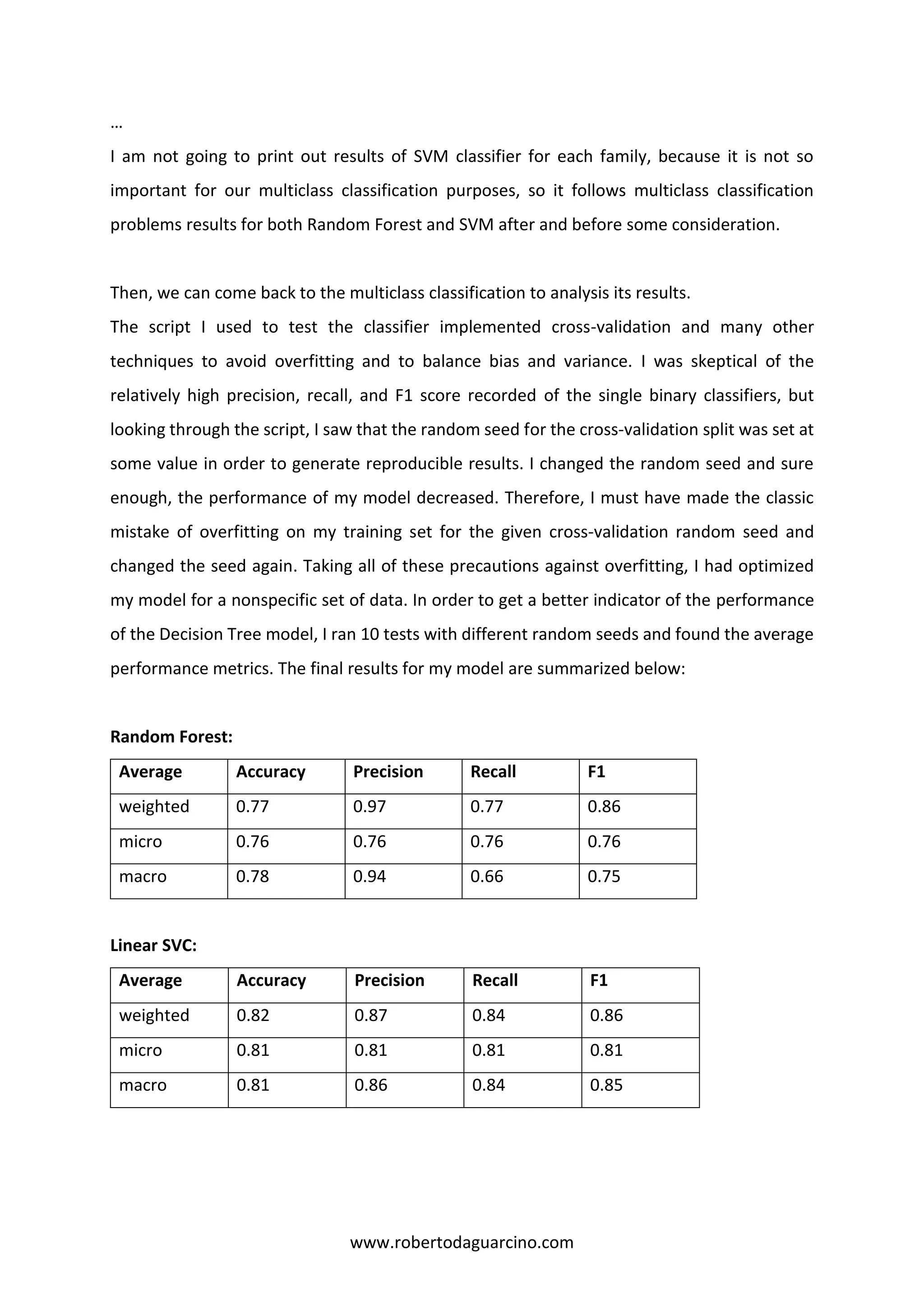 www.robertodaguarcino.com
…
I am not going to print out results of SVM classifier for each family, because it is not so
important for our multiclass classification purposes, so it follows multiclass classification
problems results for both Random Forest and SVM after and before some consideration.
Then, we can come back to the multiclass classification to analysis its results.
The script I used to test the classifier implemented cross-validation and many other
techniques to avoid overfitting and to balance bias and variance. I was skeptical of the
relatively high precision, recall, and F1 score recorded of the single binary classifiers, but
looking through the script, I saw that the random seed for the cross-validation split was set at
some value in order to generate reproducible results. I changed the random seed and sure
enough, the performance of my model decreased. Therefore, I must have made the classic
mistake of overfitting on my training set for the given cross-validation random seed and
changed the seed again. Taking all of these precautions against overfitting, I had optimized
my model for a nonspecific set of data. In order to get a better indicator of the performance
of the Decision Tree model, I ran 10 tests with different random seeds and found the average
performance metrics. The final results for my model are summarized below:
Random Forest:
Average Accuracy Precision Recall F1
weighted 0.77 0.97 0.77 0.86
micro 0.76 0.76 0.76 0.76
macro 0.78 0.94 0.66 0.75
Linear SVC:
Average Accuracy Precision Recall F1
weighted 0.82 0.87 0.84 0.86
micro 0.81 0.81 0.81 0.81
macro 0.81 0.86 0.84 0.85
 