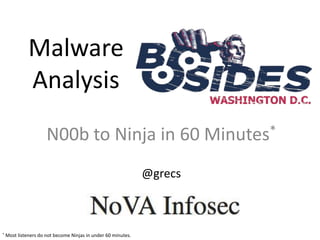 Malware
Analysis
N00b to Ninja in 60 Minutes*
@grecs

*

Most listeners do not become Ninjas in under 60 minutes.

 