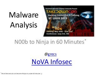 Malware
Analysis
N00b to Ninja in 60 Minutes*
@grecs
* Most listeners do not become Ninjas in under 60 minutes. ;)
NoVA Infosec
 