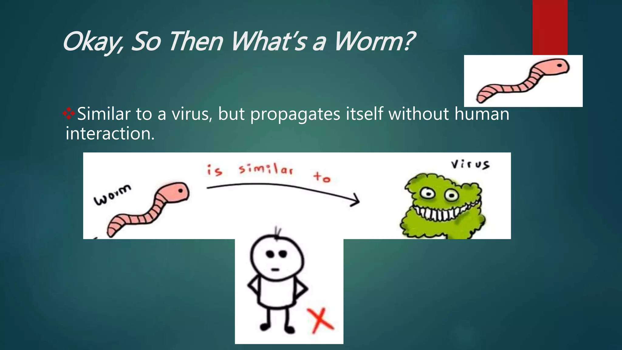 Okay, So Then What’s a Worm?
Similar to a virus, but propagates itself without human
interaction.
 