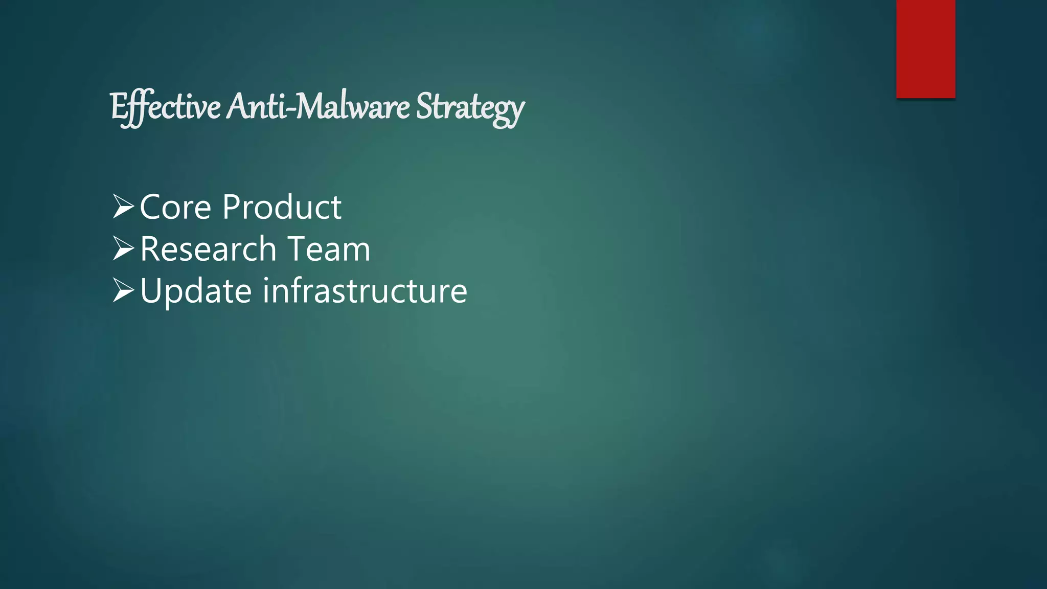 Effective Anti-Malware Strategy
Core Product
Research Team
Update infrastructure
 
