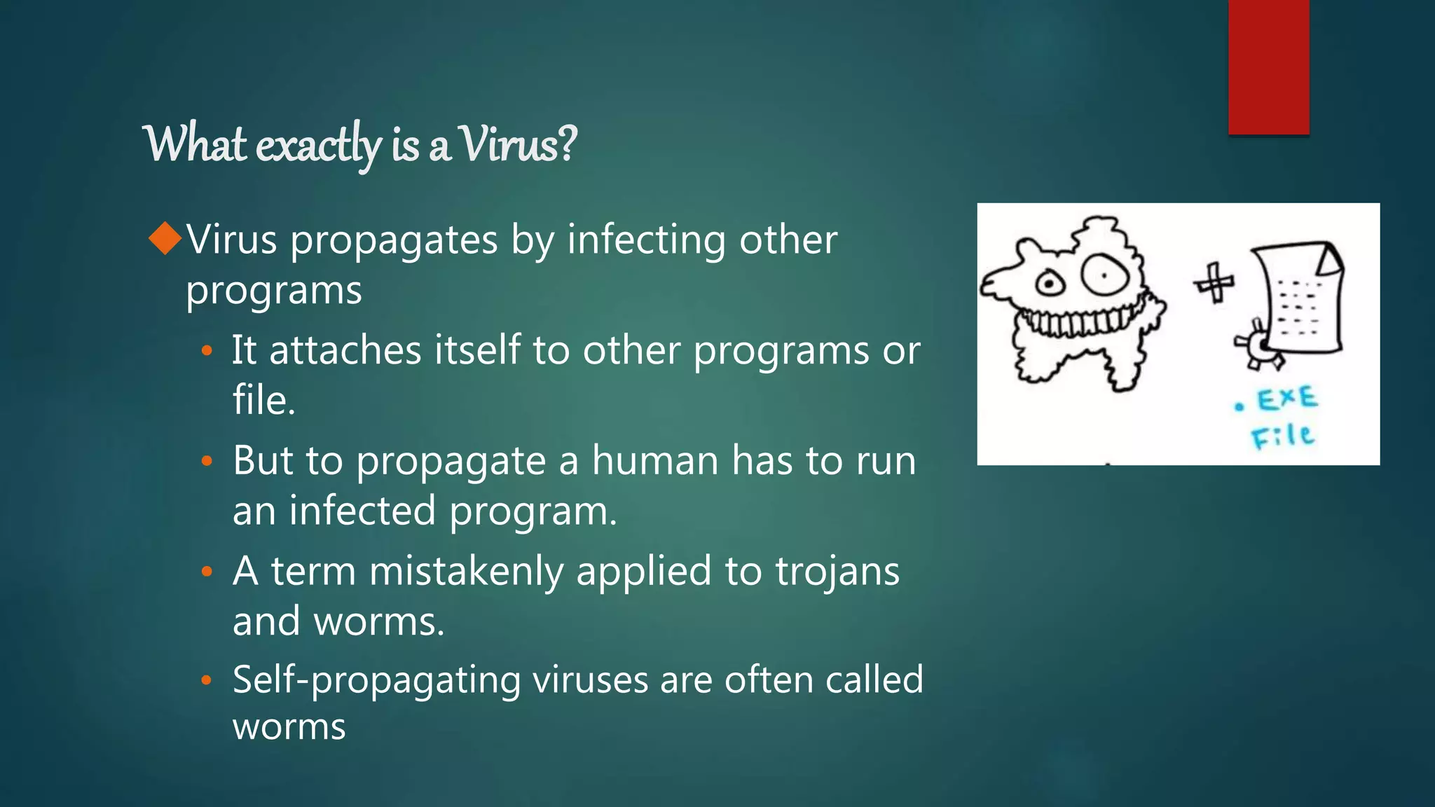 What exactly is a Virus?
Virus propagates by infecting other
programs
• It attaches itself to other programs or
file.
• But to propagate a human has to run
an infected program.
• A term mistakenly applied to trojans
and worms.
• Self-propagating viruses are often called
worms
 