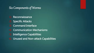 Six Components of Worms
1) Reconnaissance
2) Specific Attacks
3) Command Interface
4) Communication Mechanisms
5) Intelligence Capabilities
6) Unused and Non-attack Capabilities
 