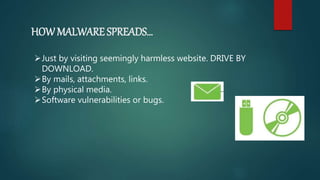 HOW MALWARE SPREADS…
Just by visiting seemingly harmless website. DRIVE BY
DOWNLOAD.
By mails, attachments, links.
By physical media.
Software vulnerabilities or bugs.
 
