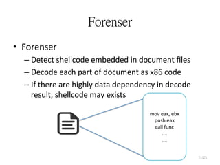 Forenser
•  Forenser	
  
– Detect	
  shellcode	
  embedded	
  in	
  document	
  ﬁles	
  
– Decode	
  each	
  part	
  of	
  document	
  as	
  x86	
  code	
  
– If	
  there	
  are	
  highly	
  data	
  dependency	
  in	
  decode	
  
result,	
  shellcode	
  may	
  exists	
  
31/25
mov	
  eax,	
  ebx	
  
push	
  eax	
  
call	
  func	
  
….	
  
….
 