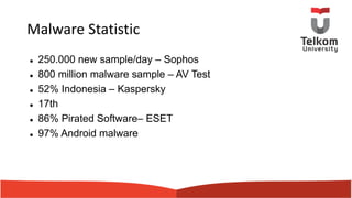 Malware Statistic
l 250.000 new sample/day – Sophos
l 800 million malware sample – AV Test
l 52% Indonesia – Kaspersky
l 17th
l 86% Pirated Software– ESET
l 97% Android malware
 