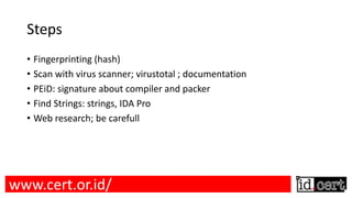 Steps
• Fingerprinting (hash)
• Scan with virus scanner; virustotal ; documentation
• PEiD: signature about compiler and packer
• Find Strings: strings, IDA Pro
• Web research; be carefull
www.cert.or.id/
 