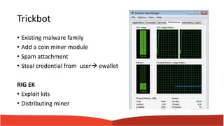 Trickbot
• Existing malware family
• Add a coin miner module
• Spam attachment
• Steal credential from userà ewallet
RIG EK
• Exploit kits
• Distributing miner
 