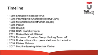 Timeline
• 1980: Encryption: cascade virus
• 1990: Polymorphic: Chameleon (encrypt,junk)
• 1998: Metamorphism (instruction diacak)
• 1999: Packer
• 1999: Rootkit:
• 2008: DGA: conficker worm
• 2011: Darknet Market: Silkroad
• 2015: Firmware : Equation Group, Hacking Team: IoT
• 2015: Dridex: obfuscation: powershell, sandbox evasion
• 2016: Fileless Malware
• 2017: Machine learning detection: Cerber
 