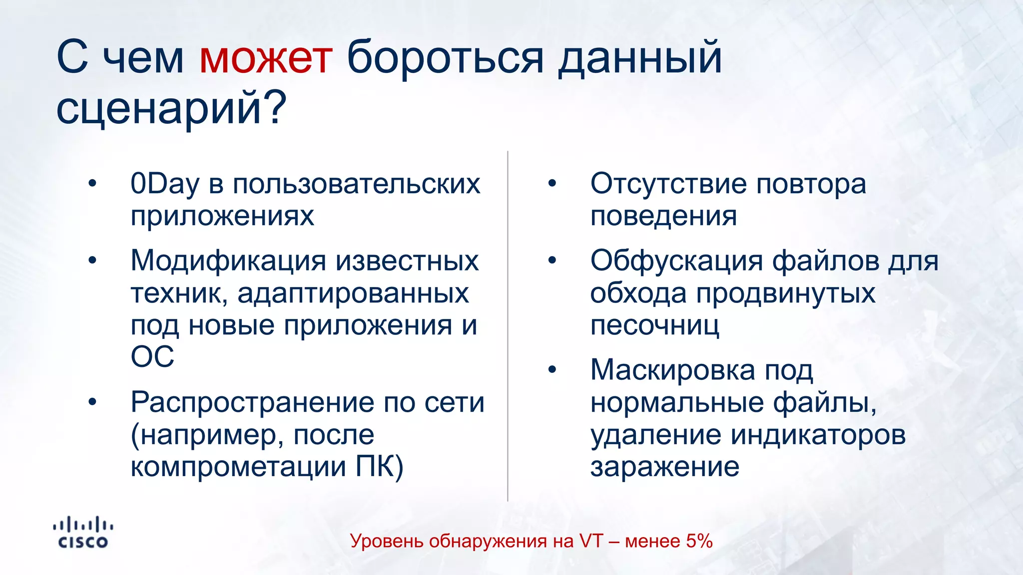 C чем может бороться данный
сценарий?
• Отсутствие повтора
поведения
• Обфускация файлов для
обхода продвинутых
песочниц
• Маскировка под
нормальные файлы,
удаление индикаторов
заражение
• 0Day в пользовательских
приложениях
• Модификация известных
техник, адаптированных
под новые приложения и
ОС
• Распространение по сети
(например, после
компрометации ПК)
Уровень обнаружения на VT – менее 5%
 