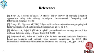 References
[1] Souri A, Hosseini R (2018) A state-of-the-art survey of malware detection
approaches using data mining techniques. Human-centric Computing and
Information Sciences 8:1-22.
[2] Fraley JB, Figueroa M(2016) Polymorphic malware detection using topological
feature extraction with data mining. SoutheastCon 2016, pp 1-7.
[3] Malhotra A, Bajaj K (2016) A hybrid pattern-based text mining approach for
malware detection using DBScan. Trans ICT 4:141–149.
[4] Boujnouni ME, Jedra M, Zahid N (2015) New malware detection framework
based on N-grams and support vector domain description. In: 2015 11th
international conference on information assurance and security (IAS), pp 123–128.
14
 