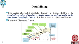 Data Mining
Data mining, also called knowledge discovery in database (KDD), is the
nontrivial extraction of implicit, previously unknown, and potentially useful
information (Meaningful Patterns) from data in large data repositories/database.
Knowledge Discovering Process:
4
 