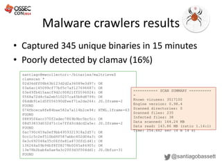 Malware crawlers results
@santiagobassett
• Captured 345 unique binaries in 15 minutes
• Poorly detected by clamav (16%)
santiago@mwcollector:~/binaries/maltrieve$
clamscan *
02d36dff08b63b123d2d2a36089e3d97: OK
03a6ac145099cf77bf5c7af127696687: OK
03e49fb415aacf9d2c90821ff0596024: OK
0568a72d4c5a2eb510207ca45b8d8799: OK
06ddb91e1d5f056590dfeef71a2da264: JS.Iframe-2
FOUND
074fbceca8fe84bae582a7a114b2ce94: HTML.Iframe-63
FOUND
0889504acc370f2adec7869b9bc5bc5c: OK
08d53833d032d71c1e7ffd3cddcd2a5e: JS.Iframe-2
FOUND
0ac790c459a0ef9bb4959321918a2d57: OK
0cc1c5c2ef510bd9f587abbc402d04a3: OK
0e3c692048a35c06ffe81a473ffd1d41: OK
136264a09b94bf8f08278b0045a84905: OK
13e78b2bab4a0ae9a3c2003d3f004dd1: JS.Obfus-31
FOUND
----------- SCAN SUMMARY ----------
-
Known viruses: 3517100
Engine version: 0.98.4
Scanned directories: 0
Scanned files: 235
Infected files: 38
Data scanned: 164.24 MB
Data read: 143.86 MB (ratio 1.14:1)
Time: 254.462 sec (4 m 14 s)
 