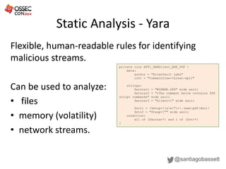 Static Analysis - Yara
@santiagobassett
Flexible, human-readable rules for identifying
malicious streams.
Can be used to analyze:
• files
• memory (volatility)
• network streams.
private rule APT1_RARSilent_EXE_PDF {
meta:
author = "AlienVault Labs"
info = "CommentCrew-threat-apt1"
strings:
$winrar1 = "WINRAR.SFX" wide ascii
$winrar2 = ";The comment below contains SFX
script commands" wide ascii
$winrar3 = "Silent=1" wide ascii
$str1 = /Setup=[sw"]+.(exe|pdf|doc)/
$str2 = "Steup="" wide ascii
condition:
all of ($winrar*) and 1 of ($str*)
}
 