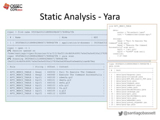 Static Analysis - Yara
@santiagobassett
viper > find name 3f2fda43121d888428b66717b984a7fb
+---+----------------------------------+-----------------------+----------------------------------+------+
| # | Name | Mime | MD5 | Tags |
+---+----------------------------------+-----------------------+----------------------------------+------+
| 1 | 3F2FDA43121D888428B66717B984A7FB | application/x-dosexec | 3f2fda43121d888428b66717b984a7fb | apt |
+---+----------------------------------+-----------------------+----------------------------------+------+
viper > open -l 1
[*] Session opened on
/home/santiago/viper/binaries/6/a/f/2/6af2116c4b59c69917e0e25efe4530a127830e2ed383ea91e0eebfa1cae4b78e
viper 3F2FDA43121D888428B66717B984A7FB > yara scan
[*] Scanning 3F2FDA43121D888428B66717B984A7FB
(6af2116c4b59c69917e0e25efe4530a127830e2ed383ea91e0eebfa1cae4b78e)
+------------------+--------+--------+----------------------------------+
| Rule | String | Offset | Content |
+------------------+--------+--------+----------------------------------+
| APT1_WEBC2_TABLE | $msg1 | 440032 | Fail To Execute The Command |
| APT1_WEBC2_TABLE | $msg2 | 440060 | Execute The Command Successfully |
| APT1_WEBC2_TABLE | $gif1 | 440100 | sdwefa.gif |
| APT1_WEBC2_TABLE | $gif1 | 440101 | dwefa.gif |
| APT1_WEBC2_TABLE | $gif1 | 440102 | wefa.gif |
| APT1_WEBC2_TABLE | $gif1 | 440103 | efa.gif |
| APT1_WEBC2_TABLE | $gif1 | 440104 | fa.gif |
| APT1_WEBC2_TABLE | $gif1 | 440105 | a.gif |
| APT1_WEBC2_TABLE | $gif2 | 440112 | GIF89 |
+------------------+--------+--------+----------------------------------+
rule APT1_WEBC2_TABLE
{
meta:
author = "AlienVault Labs"
info = "CommentCrew-threat-apt1"
strings:
$msg1 = "Fail To Execute The
Command" wide ascii
$msg2 = "Execute The Command
Successfully" wide ascii
$gif1 = /w+.gif/
$gif2 = "GIF89" wide ascii
condition:
3 of them
}
viper 3F2FDA43121D888428B66717B984A7FB >
yara rules
+----+-----------------------------------+
| # | Path |
+----+-----------------------------------+
| 1 | data/yara/hangover.yara |
| 2 | data/yara/citizenlab.yara |
| 3 | data/yara/APT_NGO_wuaclt_PDF.yara |
| 4 | data/yara/kins.yara |
| 5 | data/yara/themask.yara |
| 6 | data/yara/vmdetect.yara |
| 7 | data/yara/index.yara |
| 8 | data/yara/GeorBotBinary.yara |
| 9 | data/yara/leverage.yar |
| 10 | data/yara/apt1.yara |
| 11 | data/yara/GeorBotMemory.yara |
| 12 | data/yara/rats.yara |
| 13 | data/yara/embedded.yara |
| 14 | data/yara/urausy_skypedat.yar |
| 15 | data/yara/fpu.yara |
+----+-----------------------------------+
 