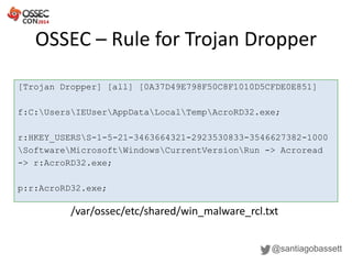 OSSEC – Rule for Trojan Dropper
@santiagobassett
[Trojan Dropper] [all] [0A37D49E798F50C8F1010D5CFDE0E851]
f:C:UsersIEUserAppDataLocalTempAcroRD32.exe;
r:HKEY_USERSS-1-5-21-3463664321-2923530833-3546627382-1000
SoftwareMicrosoftWindowsCurrentVersionRun -> Acroread
-> r:AcroRD32.exe;
p:r:AcroRD32.exe;
/var/ossec/etc/shared/win_malware_rcl.txt
 